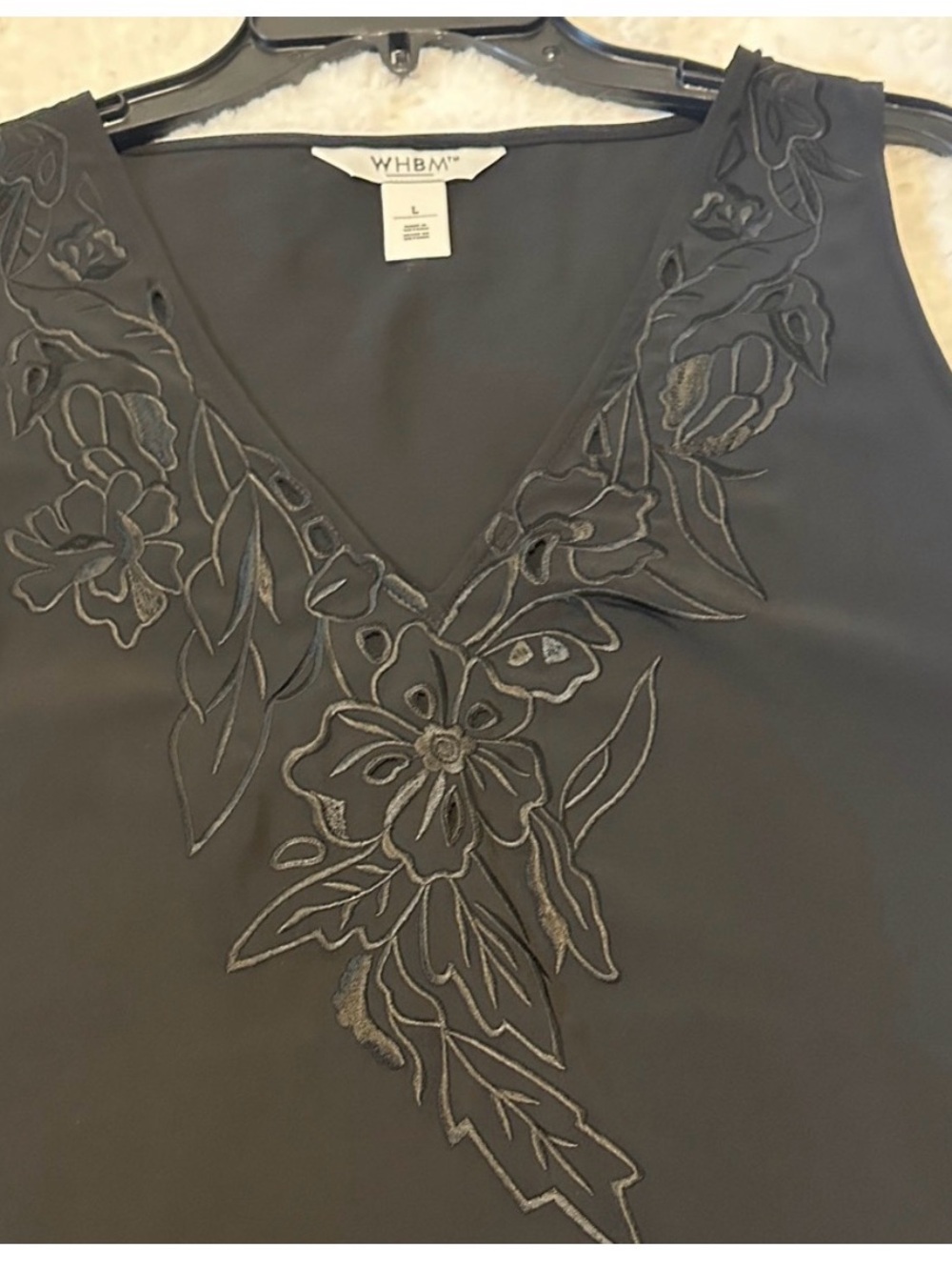 White House Black Market Black Sleeveless V-Neck Shell with Subtle Embroidery